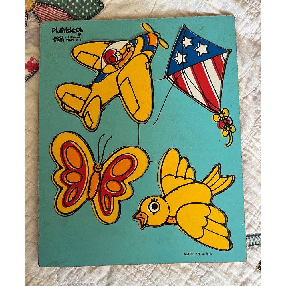 Vintage Playskool Wooden Inlay Puzzle Things That Fly 180-02 4 Piece Made in USA